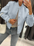 Women’s Autumn Winter Ribbed Collar and Single-Breasted Button Baseball Bomber Jacket