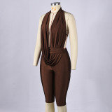 Women’s Sexy Stretch Deep V-Neck Low Back Halter Neck Cutout Jumpsuit
