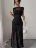 Women’s Sexy Slim Waist Fitted Patchwork Mesh Bodycon Maxi Dress
