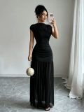 Women’s Sexy Slim Waist Fitted Patchwork Mesh Bodycon Maxi Dress