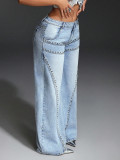 Women’s High Street Rivet Embellished Wide Leg Denim Pants