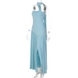 Women’s Summer Sexy Strapless Slit Low Back Sash Solid Color Slim Fit Maxi Dress