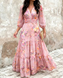 Women’s Floral Print Chiffon V-Neck Three-Quarter Sleeve Layered Ruffle Slim Waist Maxi Dress