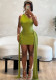 Women’s Chic Sexy One-Shoulder Bodycon Mini Dress with Long Sash
