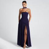 Women’s Summer Sexy Strapless Slit Low Back Sash Solid Color Slim Fit Maxi Dress