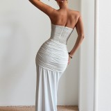 Women’s Sexy Strapless Solid Color Sash Slim Waist Slim Fit Maxi Dress