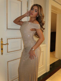 Women’s Fully Rhinestone Embellished Slash Shoulder One-Shoulder Ruched Slim Waist Bodycon Maxi Dress