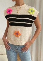 Women Round Neck Color Block Striped Sleeveless Casual Elegant Floral Knit Vest