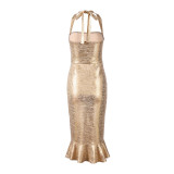 Women Gilded Halter Neck Metallic Shine Strapless Mermaid Bodycon Evening Dress