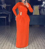 Plus Size Women Long Sleeve Round Neck Stretchy Irregular Button Dress