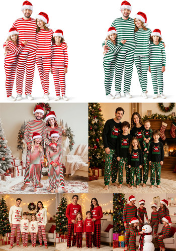 Christmas Family Matching Red and Green Striped Pajama Set for Women and Men