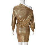 Women Spring Slash Shoulder Long Sleeve Shiny Dress