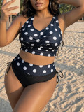 Plus Size Women V Neck Sexy Polka Dot Print Bikini Two Pieces Swimsuit