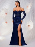Women Lace See-Through Sleeve Slit Formal Party Evening Dress