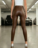 Women Solid Casual Pu-Leather Cropped Long Pants