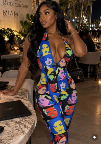 Women Printed Halter Neck Backless Jumpsuit