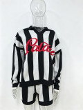 Women Color Block Striped V-Neck Knit Long Sleeve Top and Shorts Two Piece Set