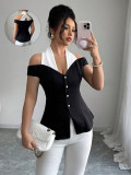 Women Halter Neck Color Block Patchwork Blouse Top