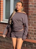 Women Striped Slash Shoulder Long Sleeve Top and Shorts Two Piece Set