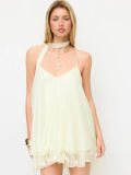 Women Chiffon Spaghetti Strap Neck Tie Ruffle Dress