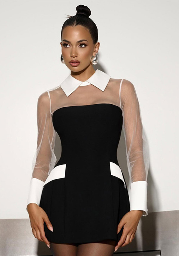 Women Autumn Sexy Color Block Mesh See-Through Dress