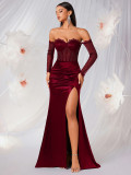 Women Lace See-Through Sleeve Slit Formal Party Evening Dress