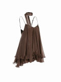 Women Chiffon Spaghetti Strap Neck Tie Ruffle Dress