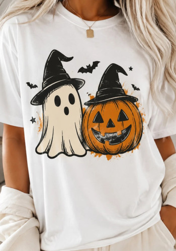 Women Autumn Black Halloween Ghost Pumpkin Print T-Shirt Top