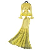 Women Elegant Knit Ruffle Top Bodycon Midi Skirt Two Piece Set