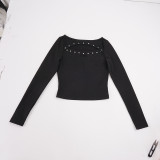 Women Rivet Long Sleeve Sexy Hollow Out Solid Stretchy Top