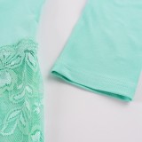 Women U-Neck Lace Patchwork Solid Long Sleeve Top T-Shirt