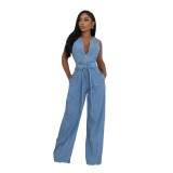 Women Stretchy Washed Denim Jumpsuit