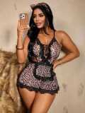 Women Leopard Halter Neck Lace See-Through Sexy Mini Babydoll Lingerie Set