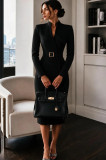 Women V-Neck Long Sleeve Belted Bodycon Dress