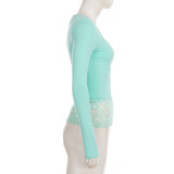 Women U-Neck Lace Patchwork Solid Long Sleeve Top T-Shirt