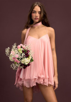 Women Chiffon Spaghetti Strap Neck Tie Ruffle Dress Women Chiffon Spaghetti Strap Neck Tie Ruffle Dress