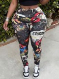 Plus Size Women Graffiti Red Lip Letter Print Stretchy Pants