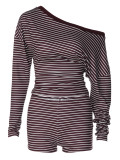 Women Striped Slash Shoulder Long Sleeve Top and Shorts Two Piece Set