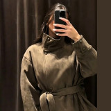 Women Irregular Turndown Collar Lace-Up Belted Jacket
