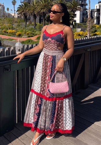 Women Holidays Polka Dot Color Block Strap Summer Maxi Dress