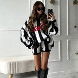 Women Color Block Striped V-Neck Knit Long Sleeve Top and Shorts Two Piece Set