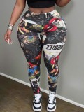 Plus Size Women Graffiti Red Lip Letter Print Stretchy Pants