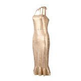 Women Gilded Halter Neck Metallic Shine Strapless Mermaid Bodycon Evening Dress