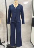 Women V-Neck Denim Top and Pants Two Piece Set