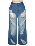Women American Style Irregular Ripped Denim Long Pants