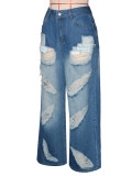 Women American Style Irregular Ripped Denim Long Pants