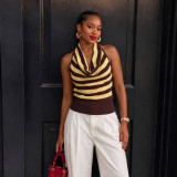 Women Summer Spaghetti Strap Halter Neck Striped Sleeveless Top