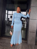 Women Elegant Knit Ruffle Top Bodycon Midi Skirt Two Piece Set