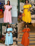 Plus Size Women Summer Off Shoulder Puff Sleeve Cropped Top and Skirt Two Piece Set
