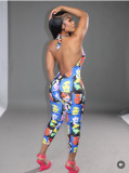 Women Printed Halter Neck Backless Jumpsuit